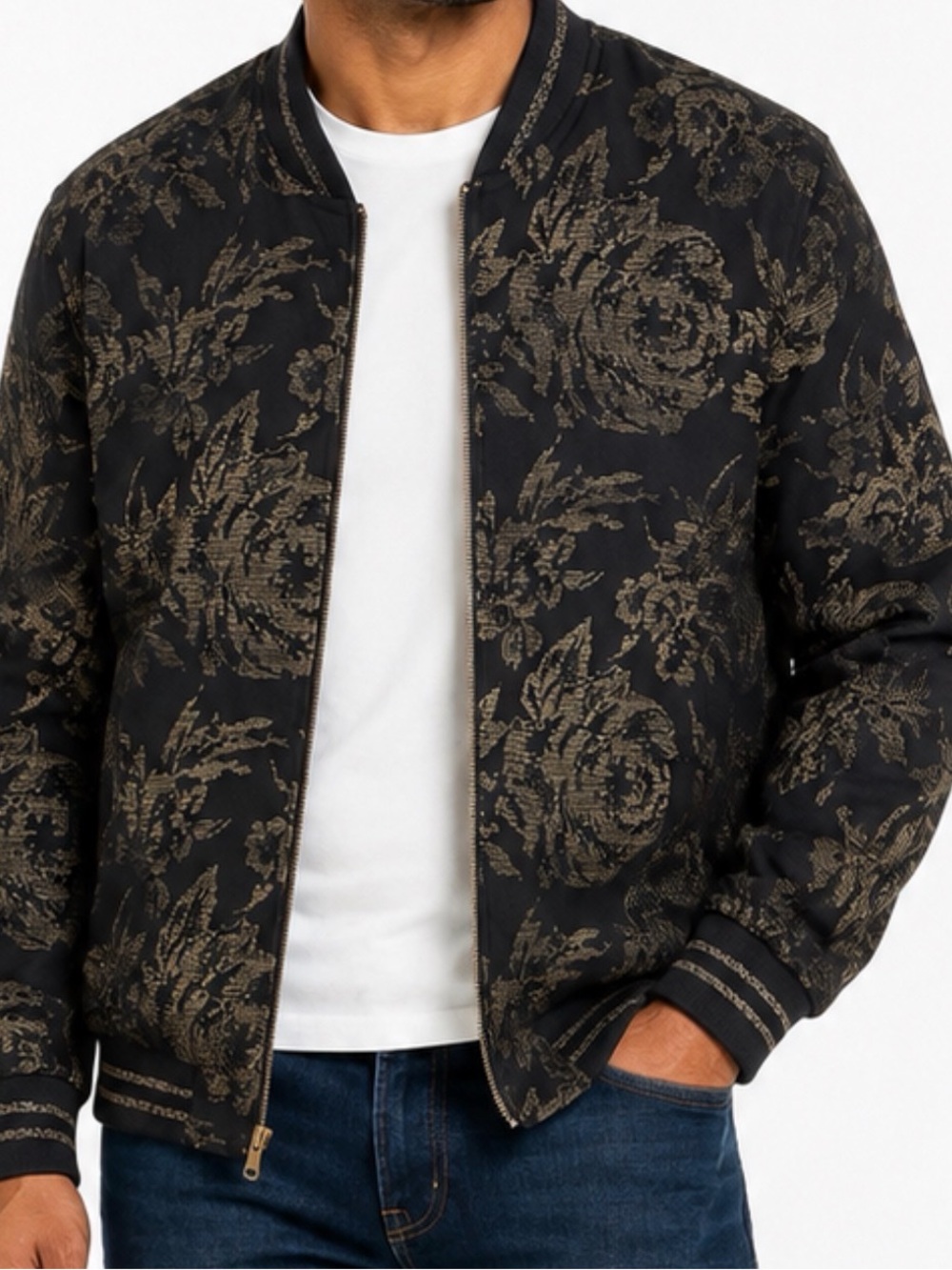 Men's Black and Gold INC Floral Bomber Jacket - Eleven Streetwear  - Large